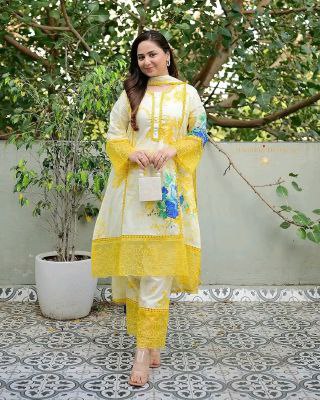 Pure Cotton With Screen Print and Embroidery Les Work Readymade 3 Pics Gown